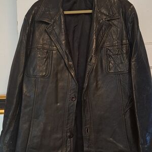 Men's Black Leather Button-Front Shirt Jacket